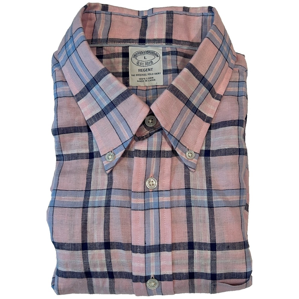 Brooks Brothers Regent 100% Linen Men's Oxford Dress Shirt Large Pink Plaid - Picture 1 of 6
